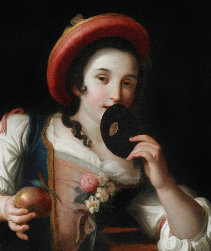 Ritratto di giovane donna con mela e maschera